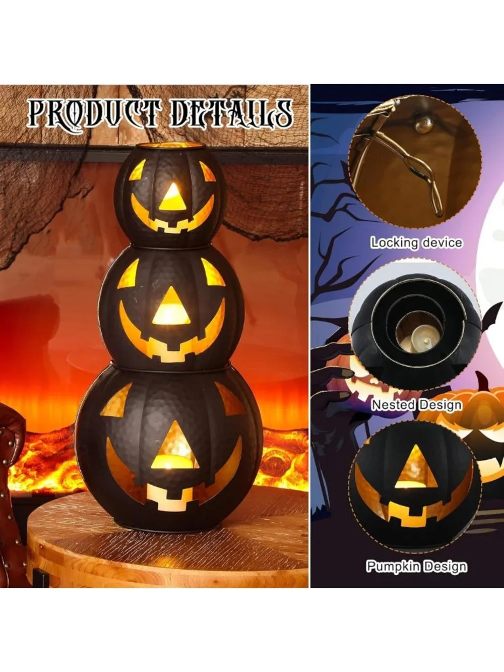 Set of 3 Halloween Jack O' Lanterns with LED Candles & Creepy Cloth Decor